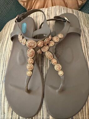 OKA b. Brown Sandals with Gold Circular Embellishments